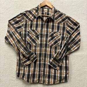 BKE Contour Shirt Mens Large Long Sleeve Orange Plaid Pearl Snap Western Grunge